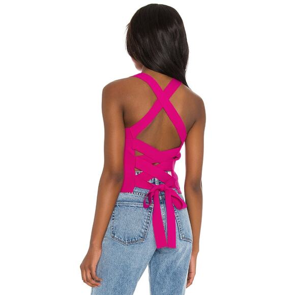 NBD Revolve Fuchsia Pink Tia Criss Cross Tie Back Ribbed Jersey Cut Out Top - Picture 5 of 10